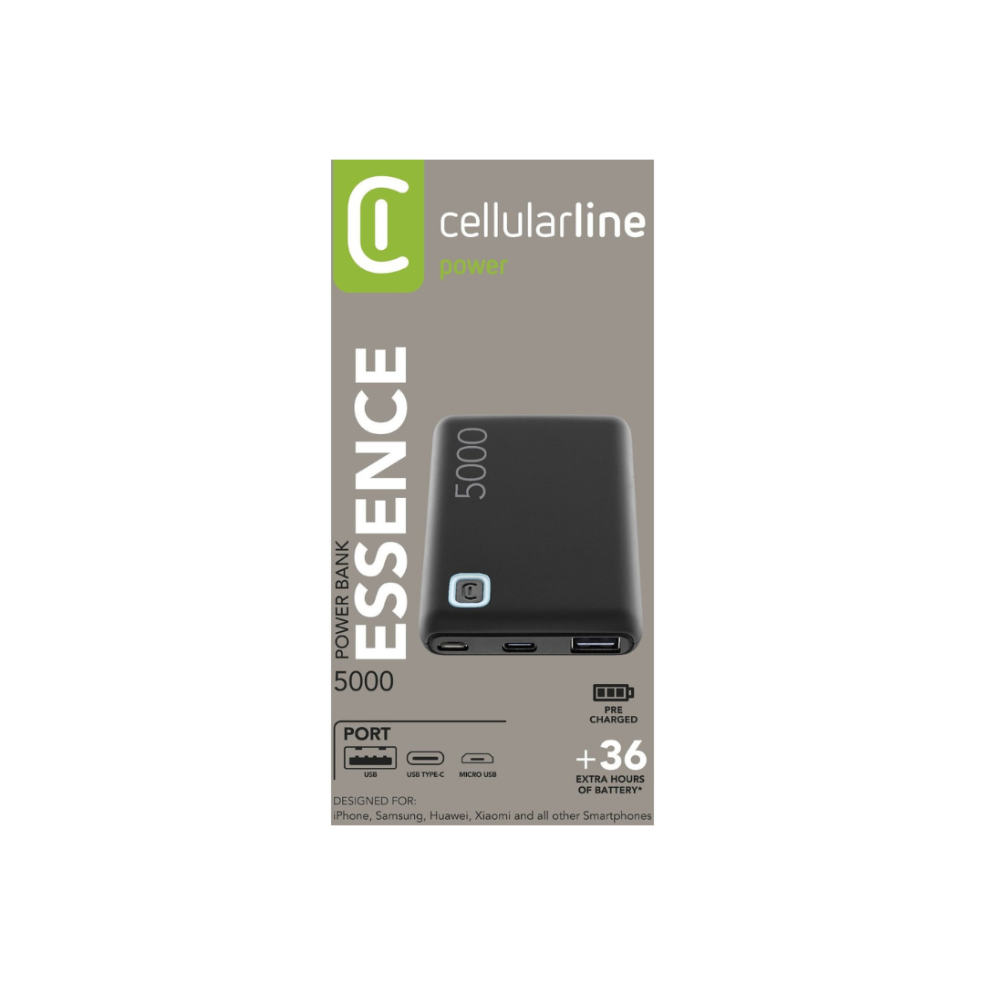 Power Bank 5000 mAh Cellularline PBESSENCE5000K – Essence 5000 Nero, Compatto e Leggero