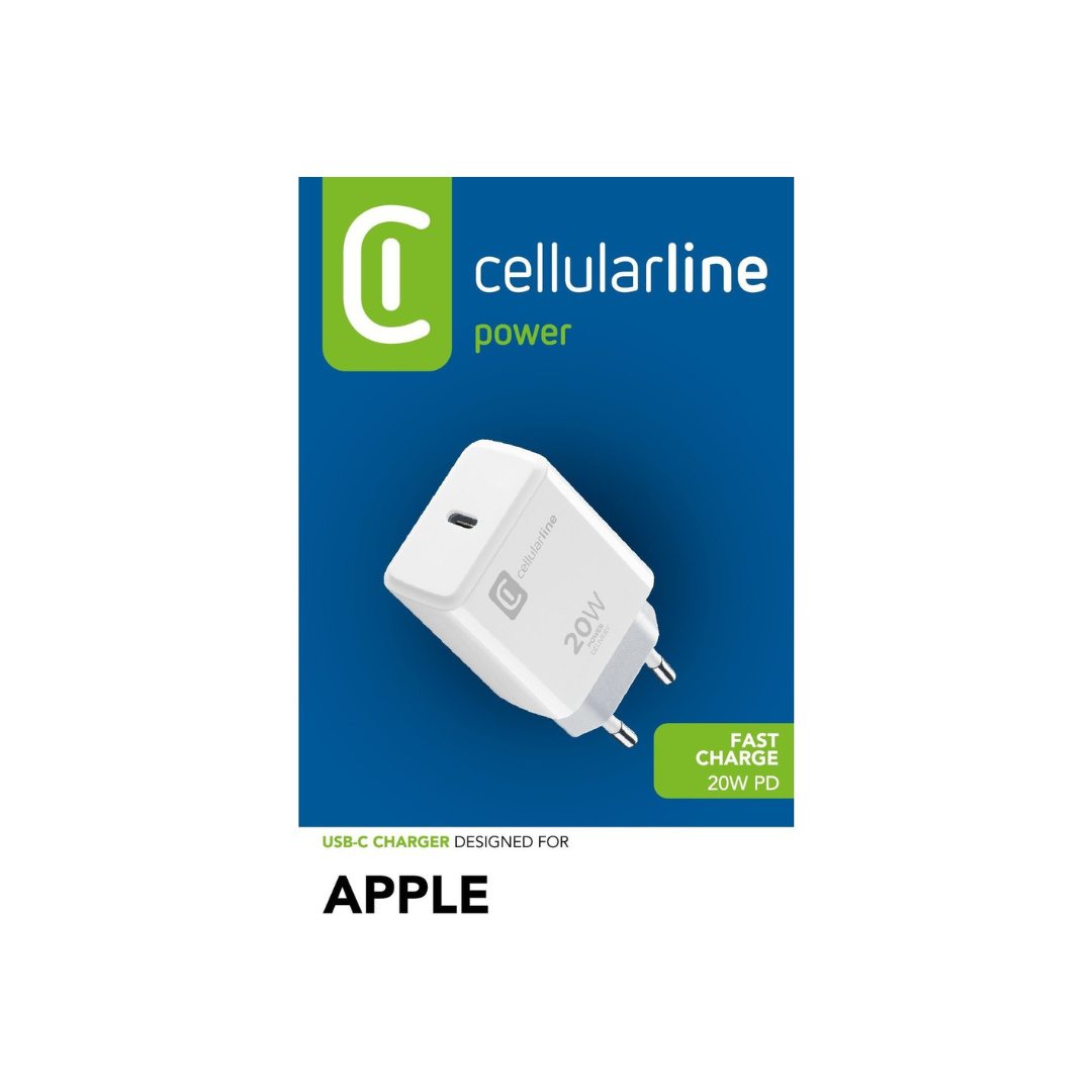 Caricabatterie USB-C 20W Cellularline ACHIPHUSBCPD20WW – Ricarica Rapida per iPhone, iPad | Colore Bianco