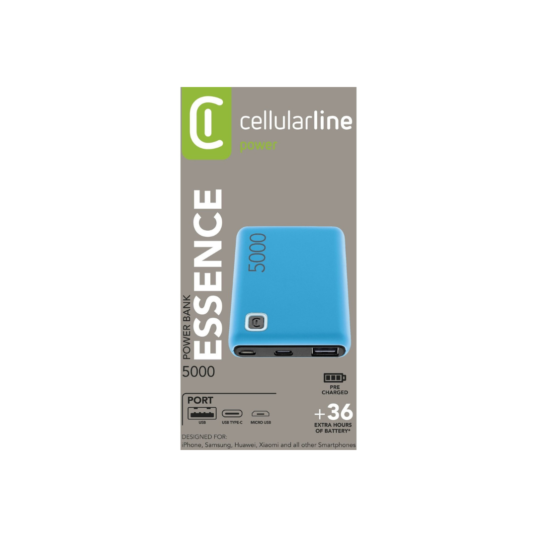 Power Bank 5000 mAh Cellularline PBESSENCE5000B – Essence 5000 Blu, Compatto e Portatile