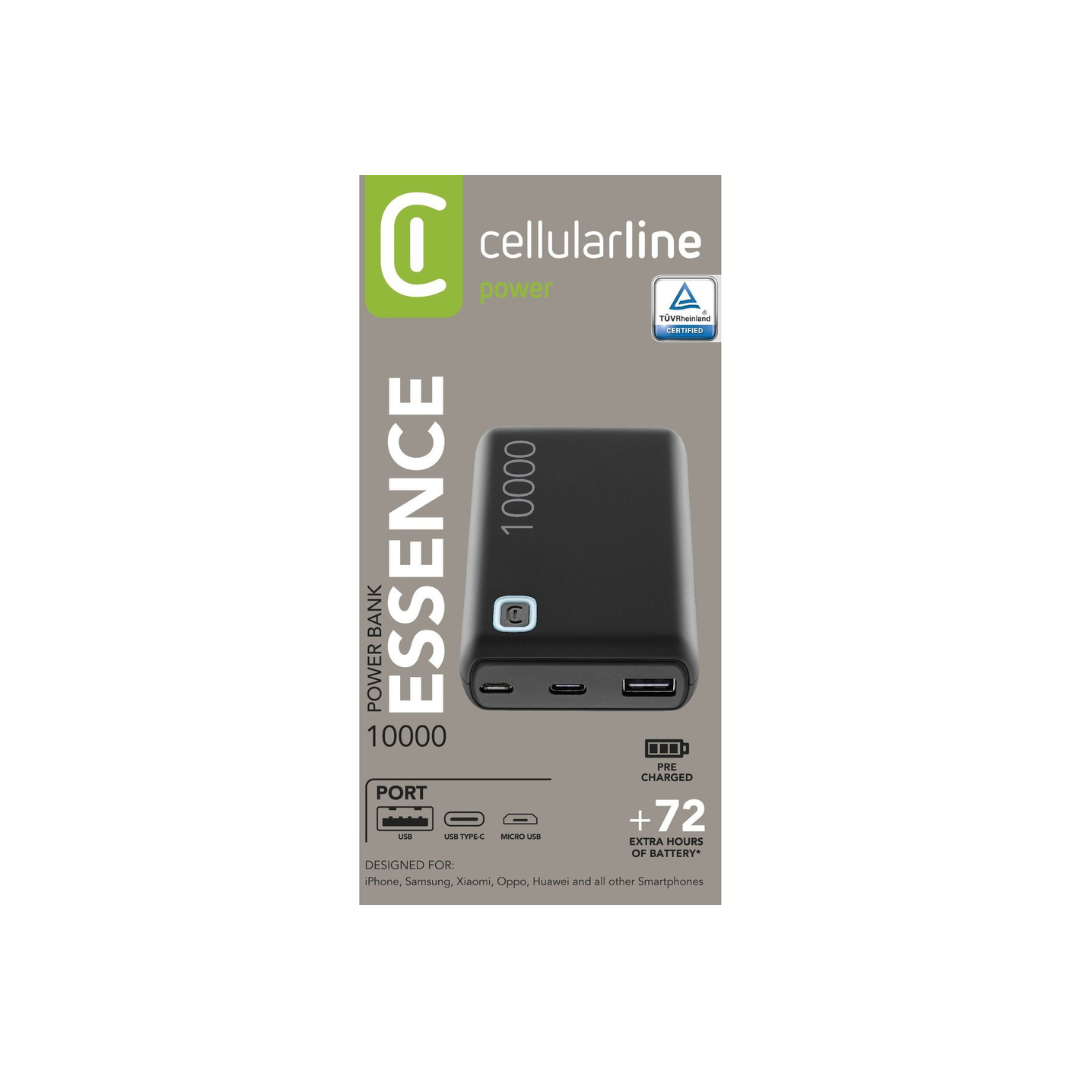 Power Bank 10000 mAh Cellularline PBESSENCE10000K – Essence 10000 Nero, Doppia Porta e Ricarica Sicura