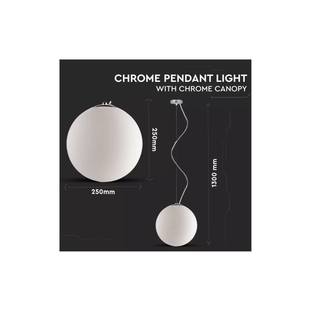 V-TAC Lampadario a Sfera Metallo e Vetro Bianco con Attacco E27 Max 60W Ø25x130cm Cromato