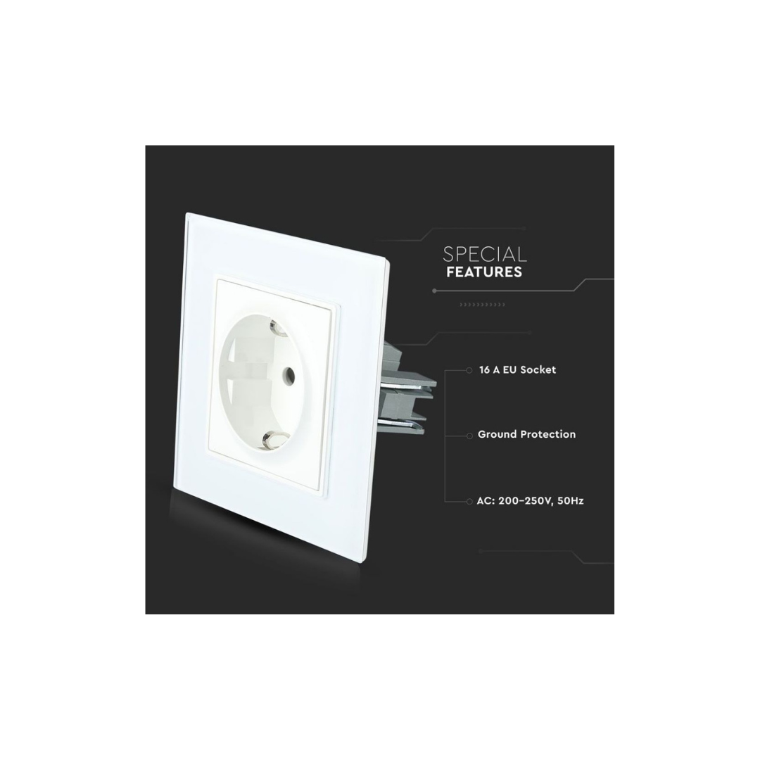 V-TAC Presa Singola da Incasso Schuko 10A in Vetro Bianco 158x86mm – Design Moderno