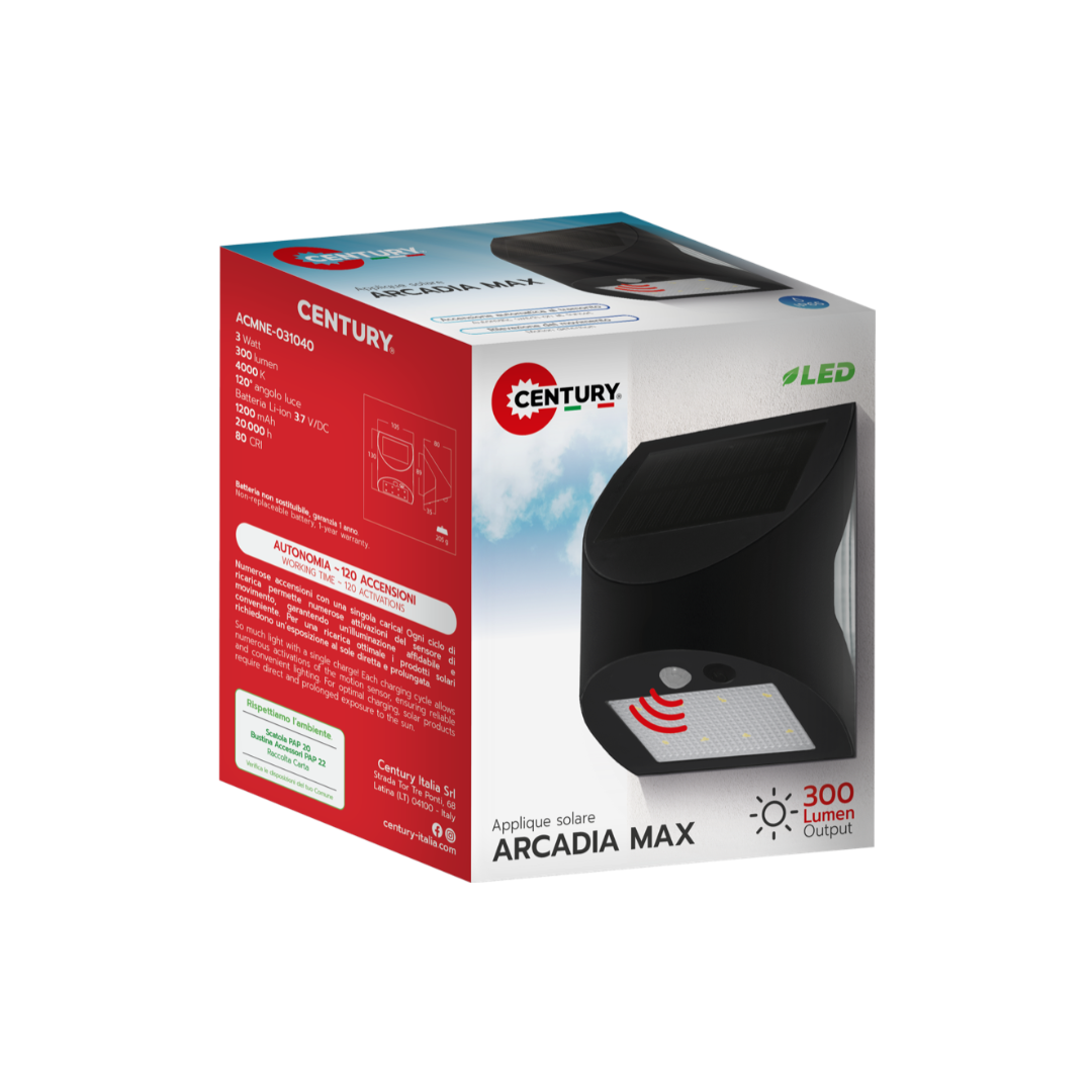 Applique Arcadia Max Solare ACMNE-031040 – Lampada LED da Esterno a Energia Solare