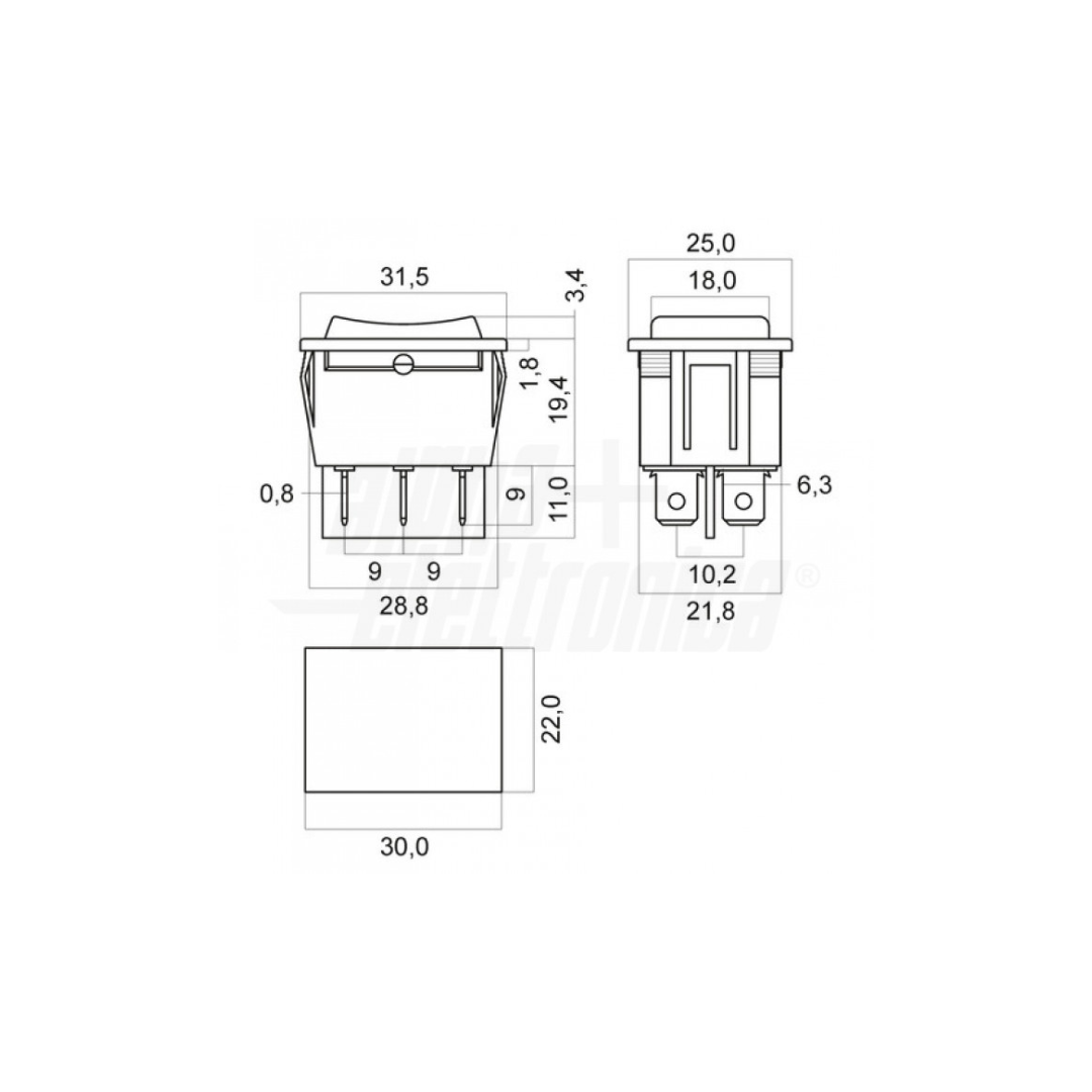 Deviatore a Levetta Nero 2 Poli DPCO ON/OFF/ON 15A 250V con 6 Terminali Faston 6,3 mm