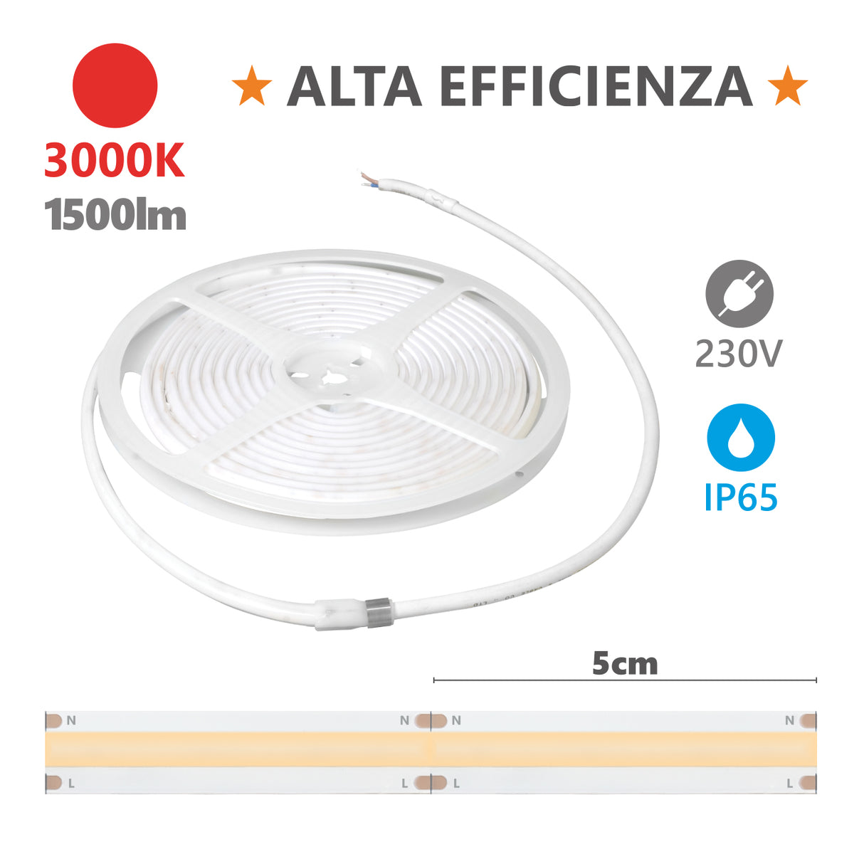 Striscia LED HEM IP65 Milky 20 metri 3000K 230V 15W/m 1500 lm/m Alcapower 927333