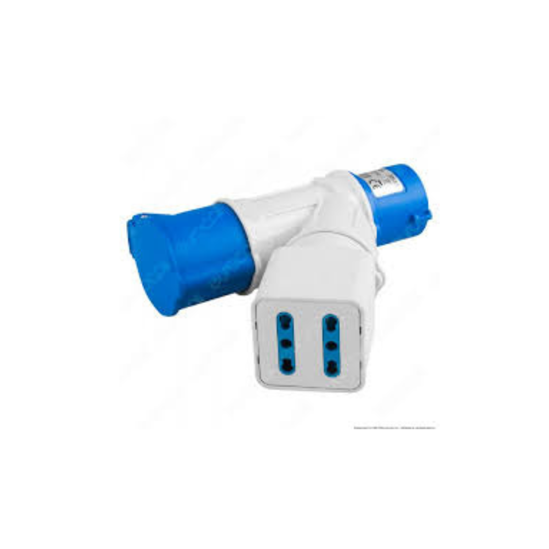 Adattatore industriale ECOVA 1spina blu 16A+1 presa blu 16A+ doppia presa bipasso 10/16A 20563