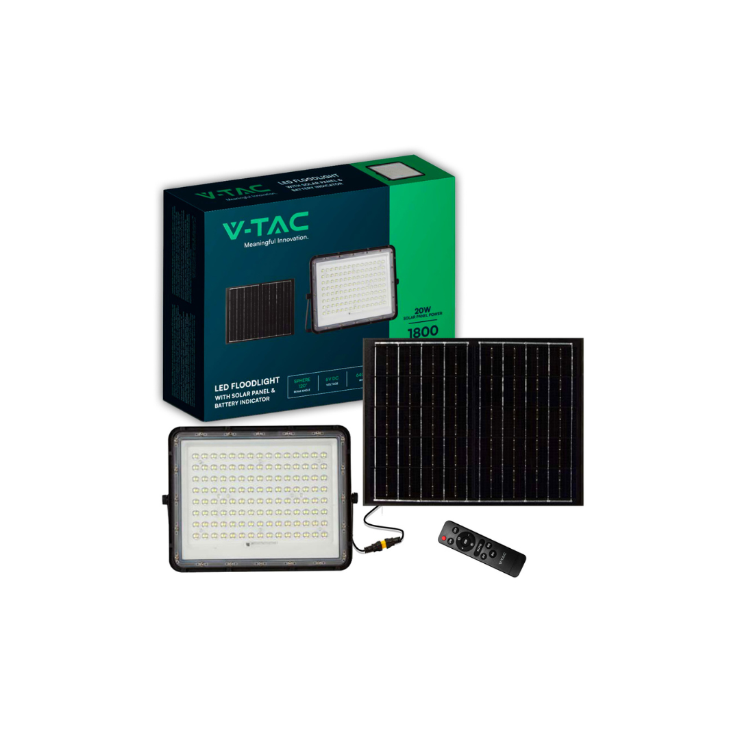 V-TAC Faro LED Solare 20W 4000K Nero con Telecomando, Batteria Sostituibile e Cavo 3m IP65