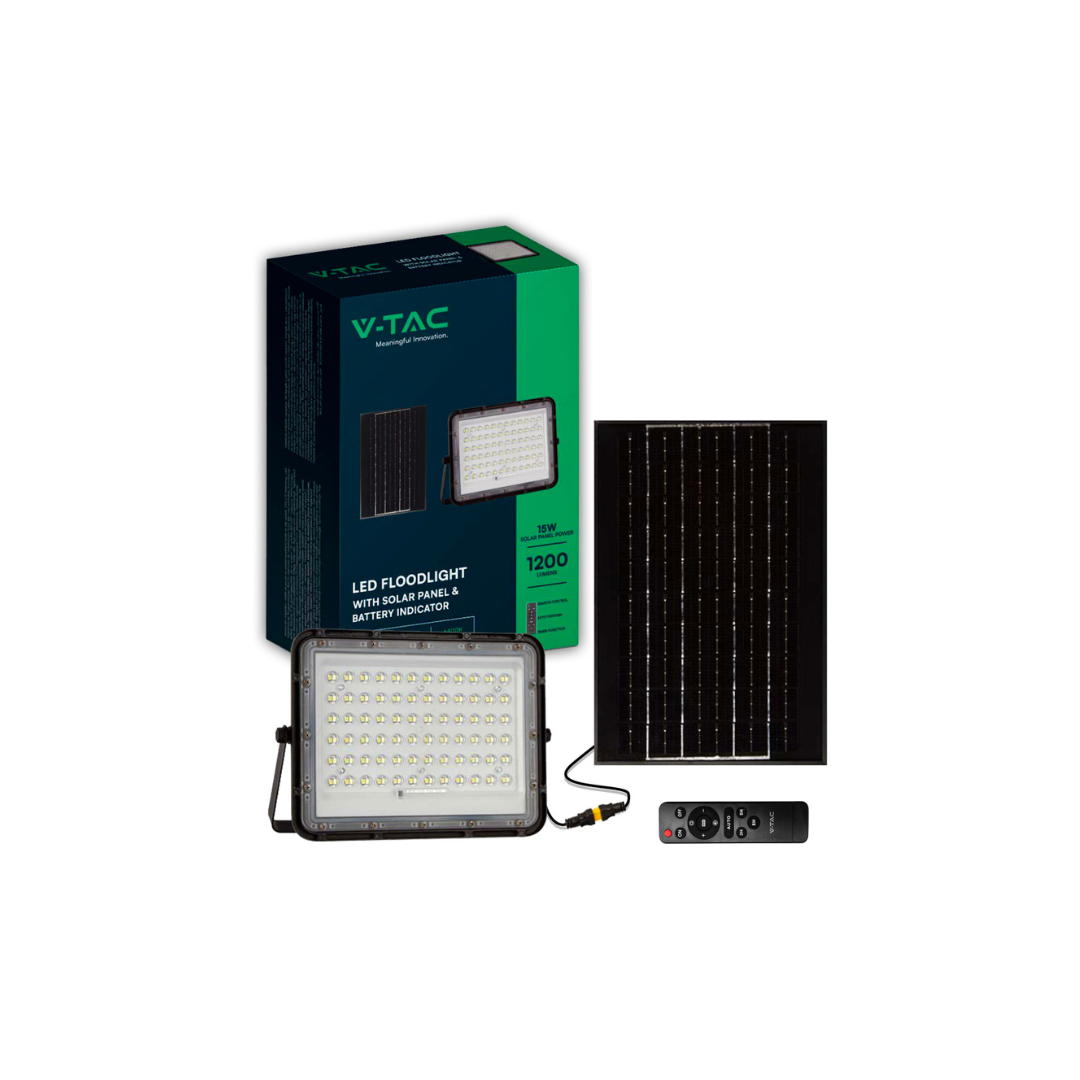 V-TAC Faro LED Solare 15W 4000K Nero con Telecomando, Batteria Sostituibile e Cavo 3m