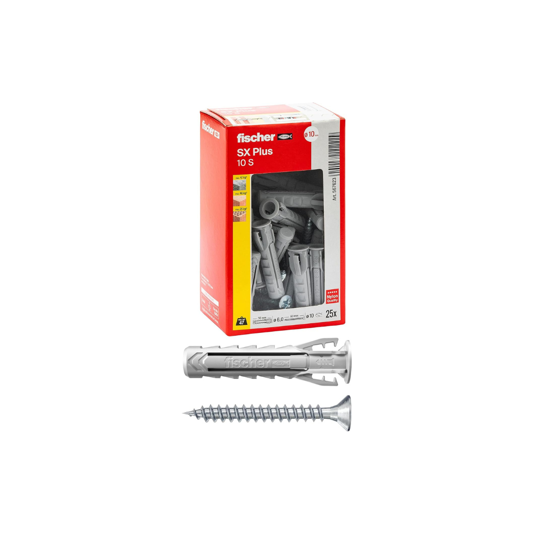 Fischer SX Plus Tasselli con Vite 10x50 mm (Conf. 25 Pz) per Muratura e Calcestruzzo – 567623