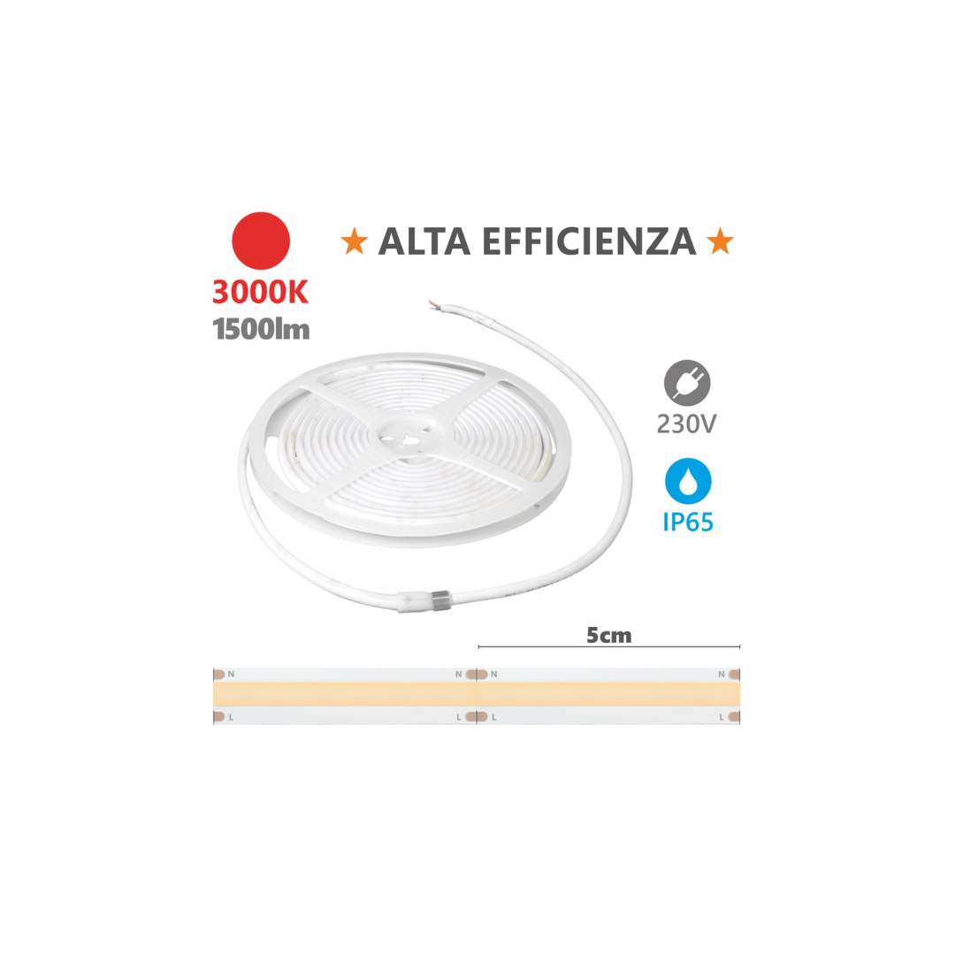 Striscia LED HEM IP65 Milky 5 metri 3000K 230V 15W/m 1500 lm/m Alcapower 927330