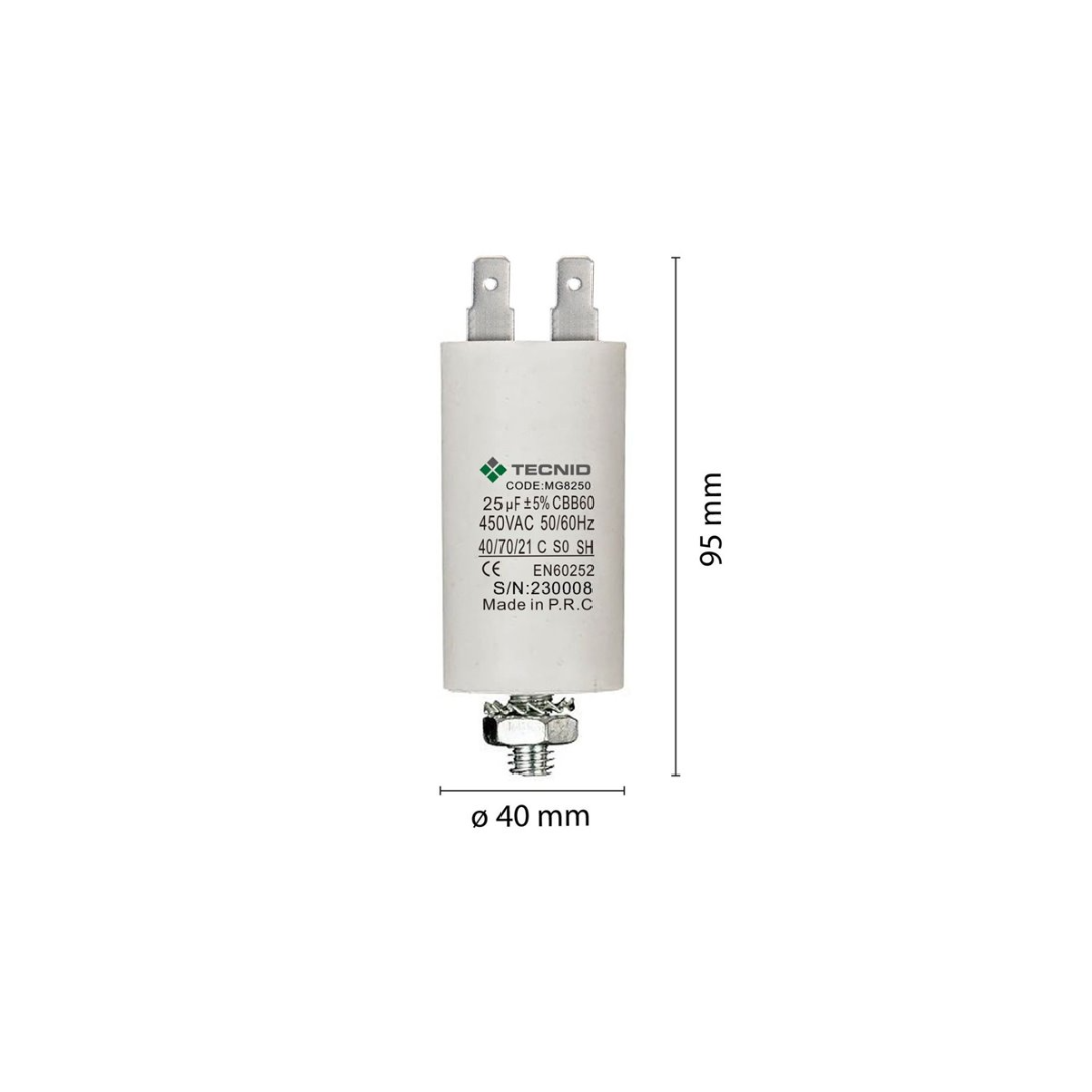 Condensatore di Spunto per Motori Elettrici 25µF 450V – 4 Pin M8 MG8250