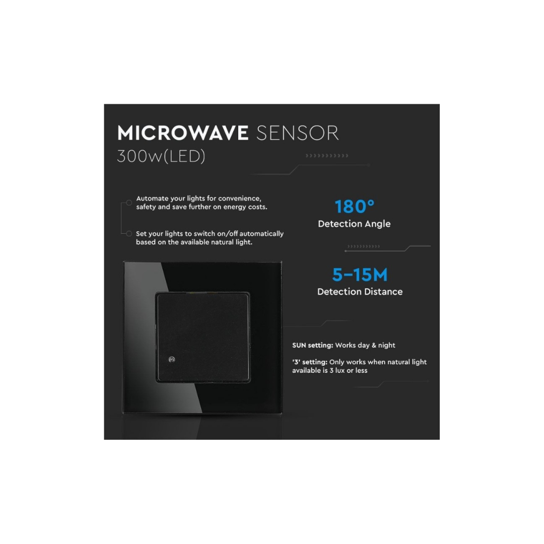 V-TAC Sensore a Microonde VT-8084 180° 300W LED – Regolabile Tempo e Sensibilità, IP20 Nero