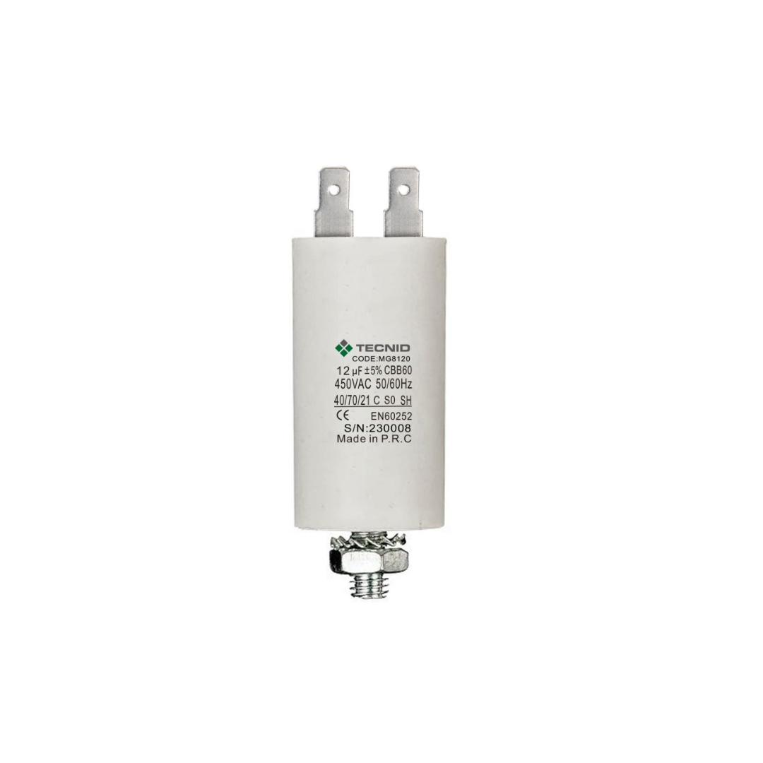 Condensatore permanente per motori elettrici 12µF 450V. Dado M8 TECNID MG8120