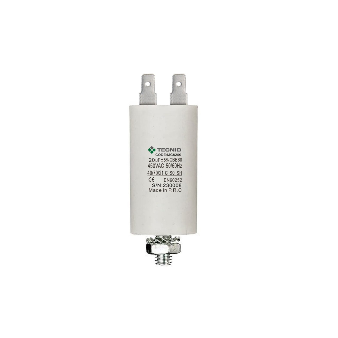 Condensatore permanente per motori elettrici 20µF 450V. Dado M8 TECNID MG8200
