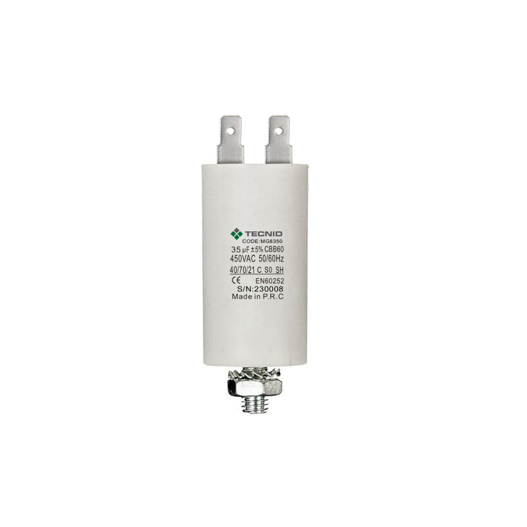 Condensatore permanente per motori elettrici 35µF 450V. Dado M8 TECNID MG8350