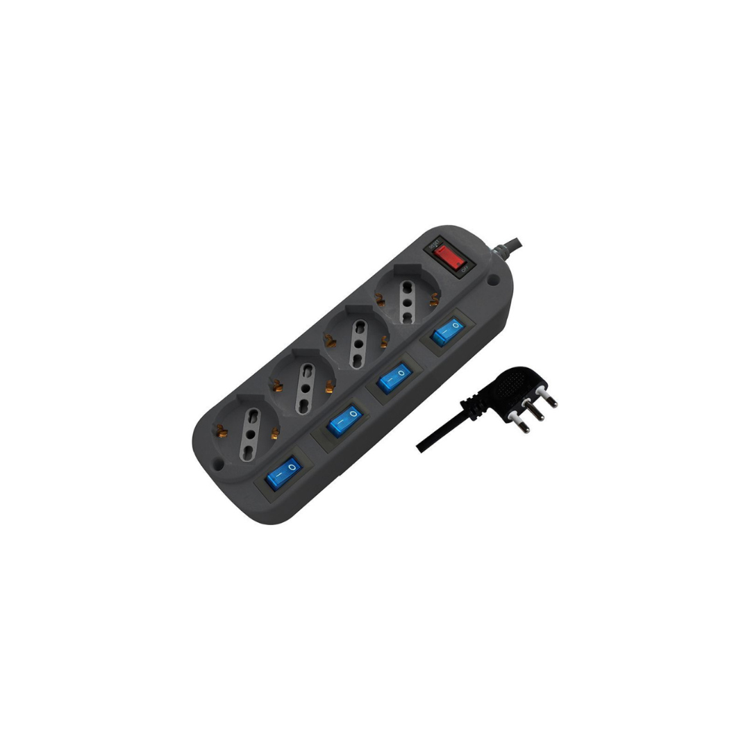 Multipresa Elettrica 4 Prese Bipasso/Schuko con Interruttori – Cavo 1,5m 16A Nera