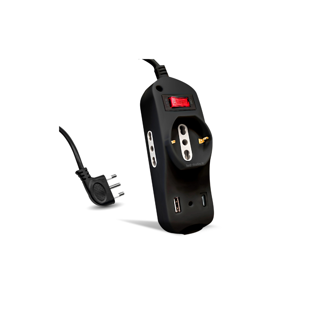 V-TAC Multipresa 3 Prese Bipasso/Schuko + 2 USB (A+C) – Cavo 1,5m 16A Nera