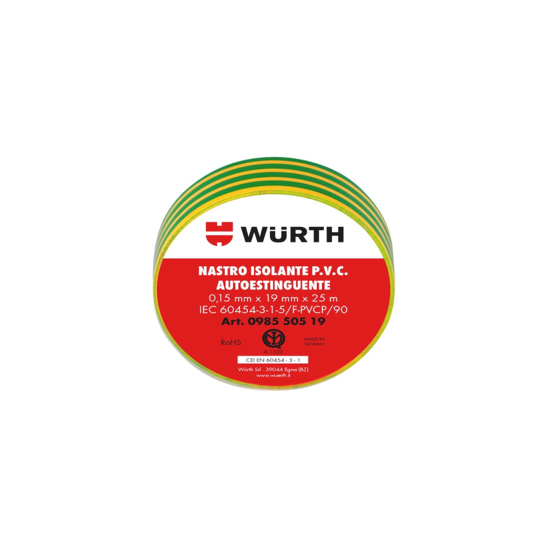 Nastro Isolante Würth High Quality PVC Giallo/Verde 19 mm x 25 m IMQ – Cod. 098550519