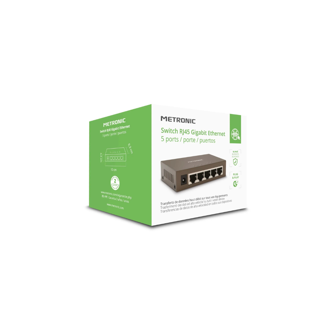 Switch rete Metronic 5 porte RJ45 alimentato 1 Gbit